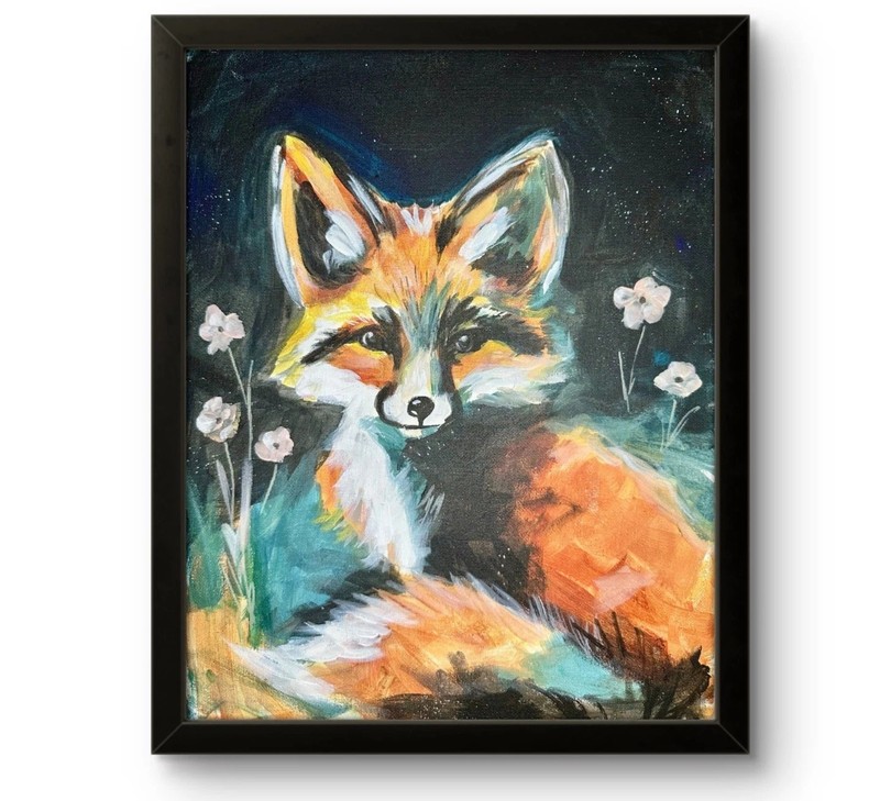 Fox Baby Nighttime Floral EXPRESSIONISM 14X11 ORIGINAL ART MODERN HOME