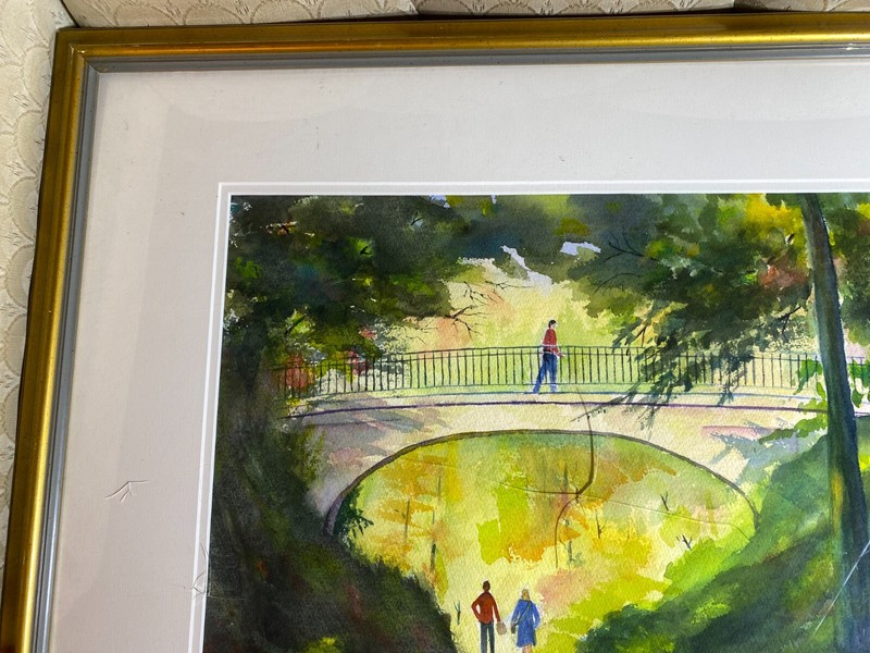Geraldine G Fineman "Figures In Park Scene" Watercolor Painting - Signed/Framed gallery