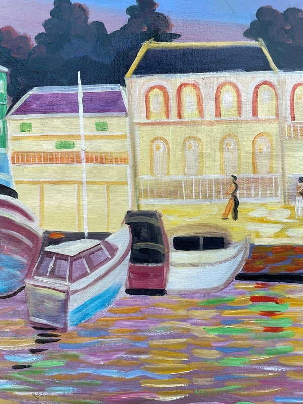 EXPRESSIONIST SOUTHERN HARBOUR WITH FISHING BOATS IN MOONLIGHT MODERN OIL PAINTING gallery
