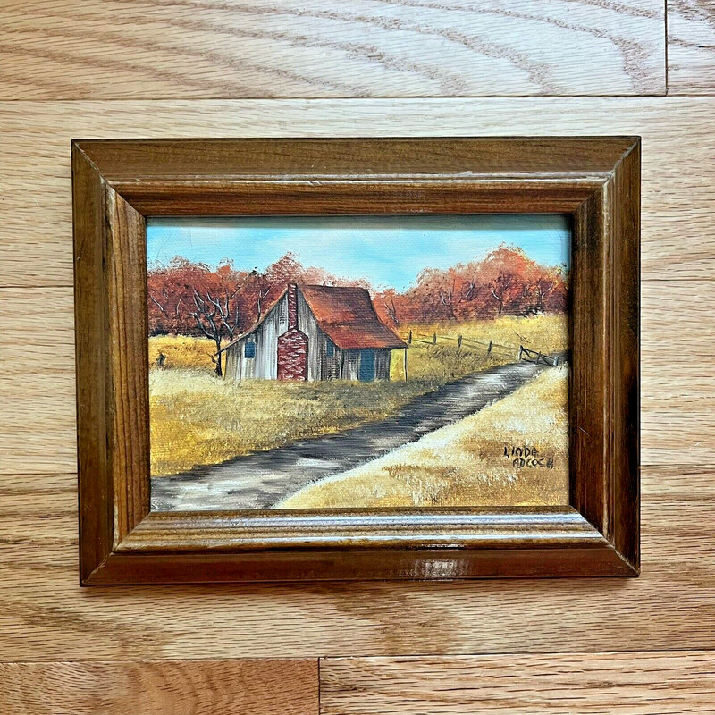 Country Barn Rustic Farm Fall Autumn Painting Framed Old Artist Signed Vintage
