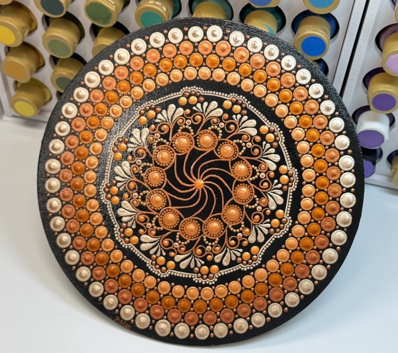10” Round Flat Orange and Copper Mandala Canvas Painting – By JaDeL