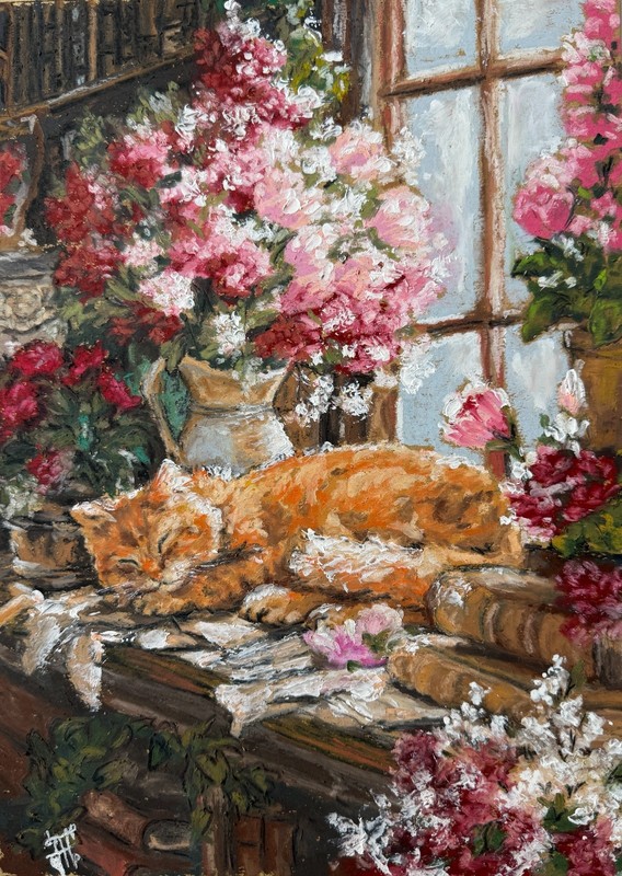 Orange Cat Original Art Still Life Wall Art Animal Oil Pastels Art Flowers Art gallery