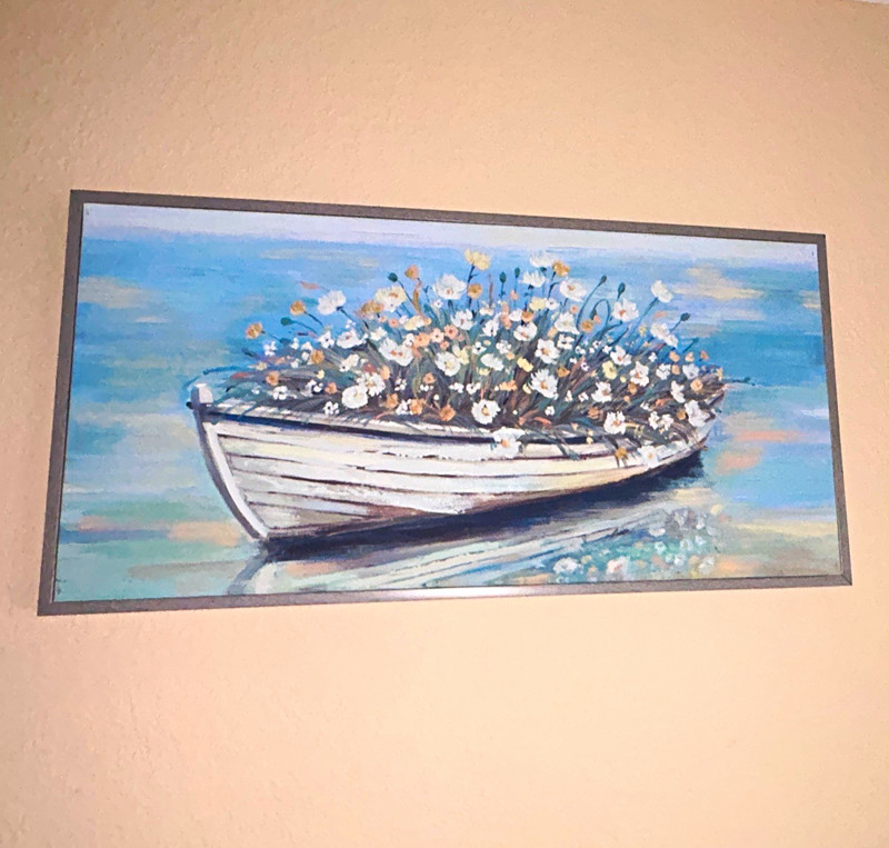 Framed Impressionist Painting Boat Filled With Flowers Blue Coastal Scene