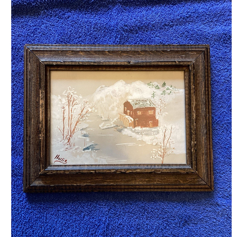 Hollis Winter Cabin Mountain Landscape Painting Framed Signed 1956
