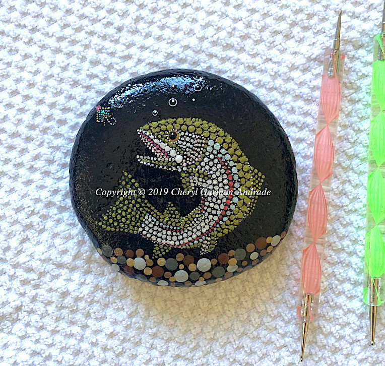 Original Dot Painted Stone Whimsical Olive Rainbow Trout by Cheryl Andrade gallery