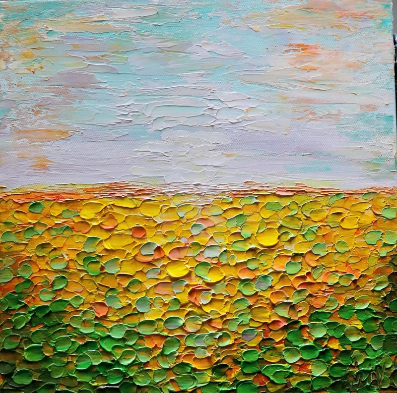 Abstract Sunflower Landscape Sunset Orange Green Yellow Original 16x16 Painting gallery