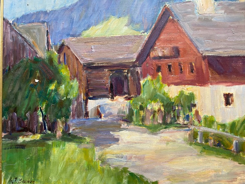 Oil painting Walter Josef Boschan (1911-1984) Sign. Alpendorf with mountain huts gallery