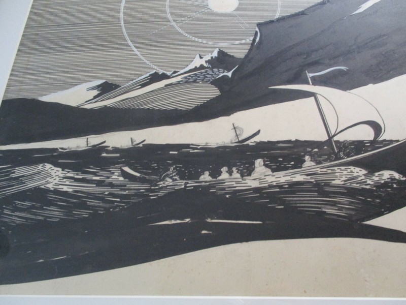 ANTIQUE PAINTING DRAWING ART DECO ILLUSTRATION BEACH LANDSCAPE POINTILLISM BOAT gallery