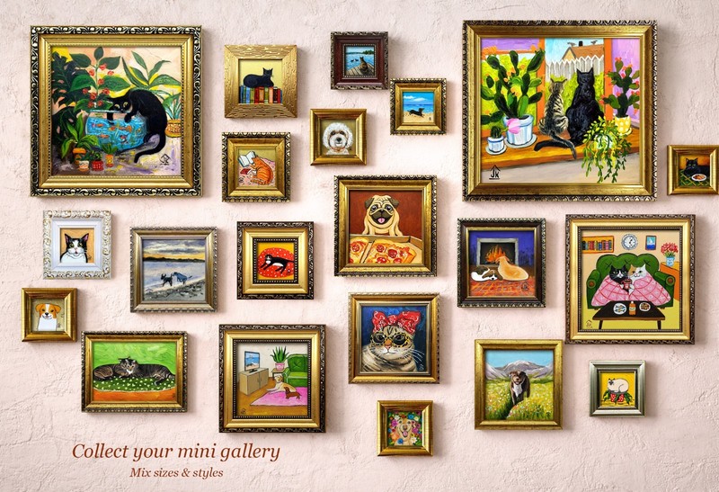 Pug with Pizza Oil Painting, Funny Dog Art, Miniature Framed Wall Decor, 2*2 in gallery