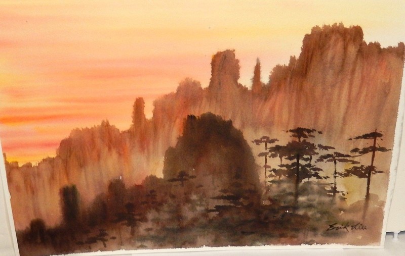 ERIK LIU ORIGINAL WATERCOLOR CHINESE LANDSCAPE PAINTING
