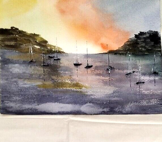 paintinwatercolor seascape quiet harbor sea sailboats beautiful sky sunrisegift gallery