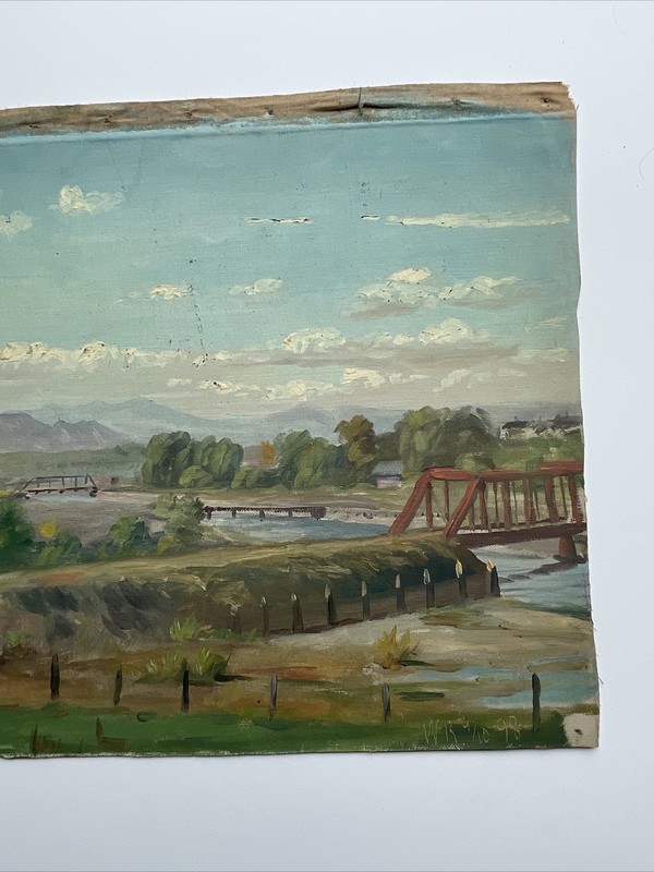 Antique HISTORIC DENVER PAINTING COLORADO BRIDGE REGIONALISM LANDSCAPE 1898 RARE gallery