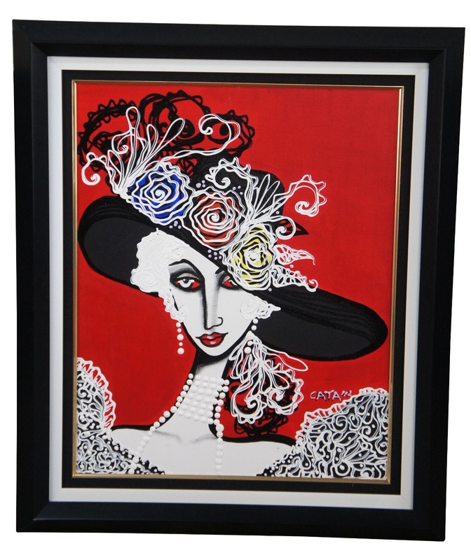 Hector Cata Cuban Female Figure in Hat Acrylic Portrait Painting on Canvas 38″