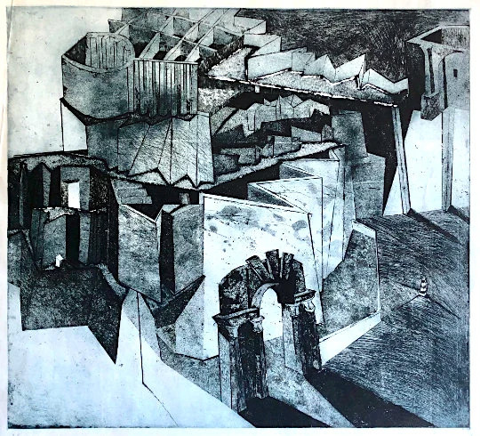 2000 VTG ORIGINAL City ETCHING graphic art print Abstract Architecture cityscape