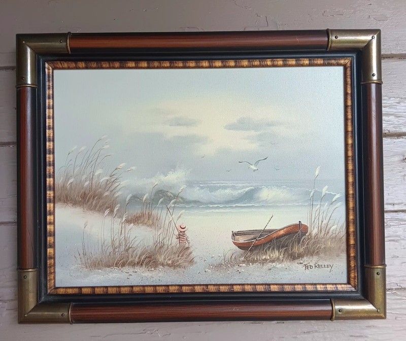 Vintage Framed Certified Authentic Signed Oil Painting Beach Sea Boat Ted Kelley