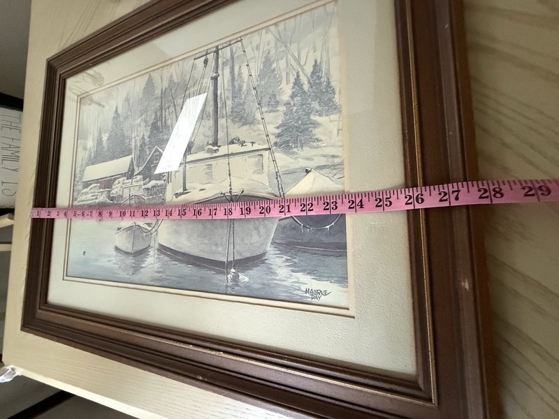 Old Watercolor Winter Marina Boat Signed Maurice Day (1893-1983) Framed 21x28” gallery