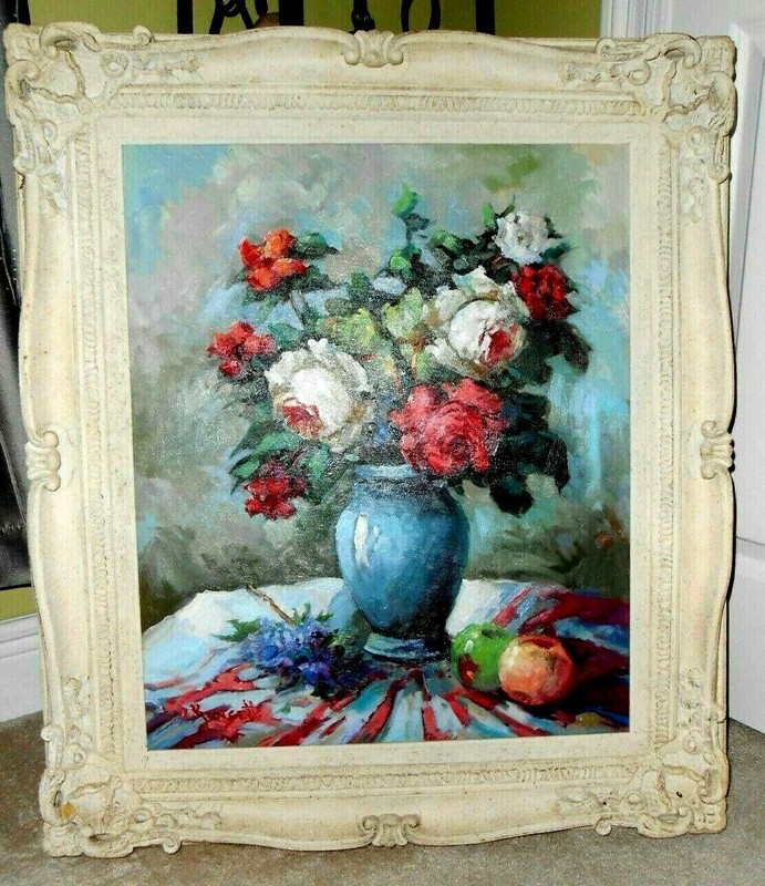 KINSETTS Fine Art Original Painting ROSES Canvas Mid Century 32 x 27