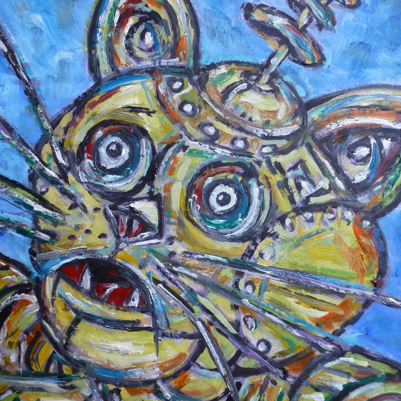 ATOMIC ROBOT CAT mech art NEW original 8x10 card panel oil painting by Crowell gallery
