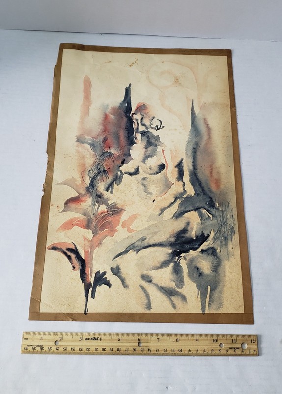 Vintage Mid Century Modern Abstract Figure Watercolor Painting – 18×12 MCM Art