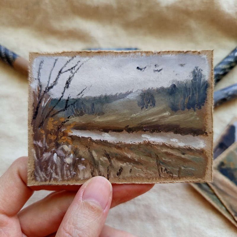 ACEO Original Autumn River Countryside Landscape Moody Oil Pastel Fall Miniature gallery