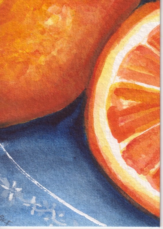 Original ACEO Orange Blue White on china Watercolor Painting, Sharon Foster gallery