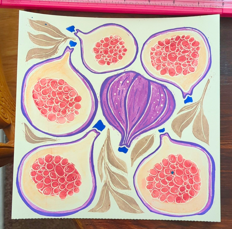 Fruit Still Life Painting on Paper, Unframed Fig & Pomegranate Purple/Pink