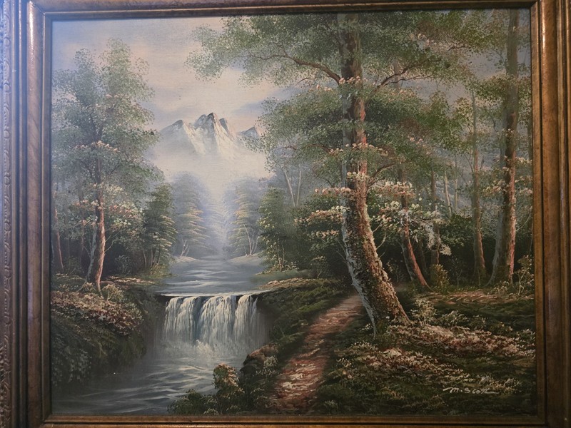 M SCOTT ORIGINAL OIL ON CANVAS SNOW MOUNTAIN RIVER FALLS LANDSCAPE TREE PAINTING gallery