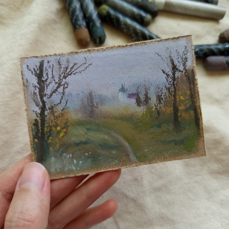 Original ACEO Moody Autumn Countryside Landscape Misty Path OOAK Miniature Art gallery