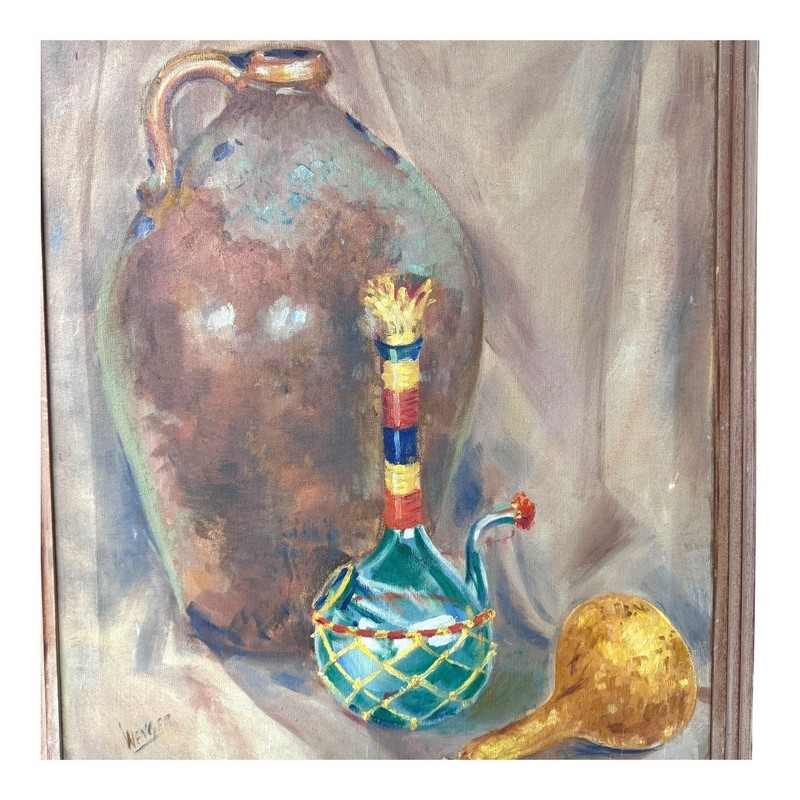 Signed Still Life Painting Rustic Pottery Jug Chianti Wine Bottle Artistic READ gallery