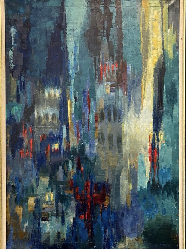 🔥 Vintage Modern NEW YORK Abstract Expressionist Cityscape Oil Painting, 1961