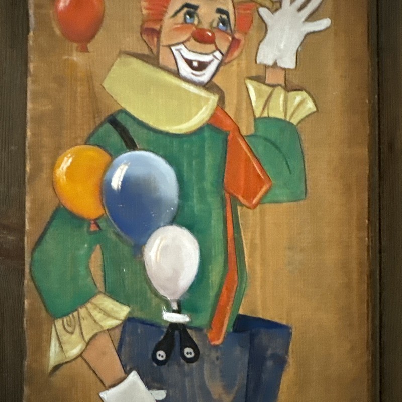 VTG Brother Matthew OSF Clown Painting Signed Barn Wood Plank MCM Rustic 26x9” gallery