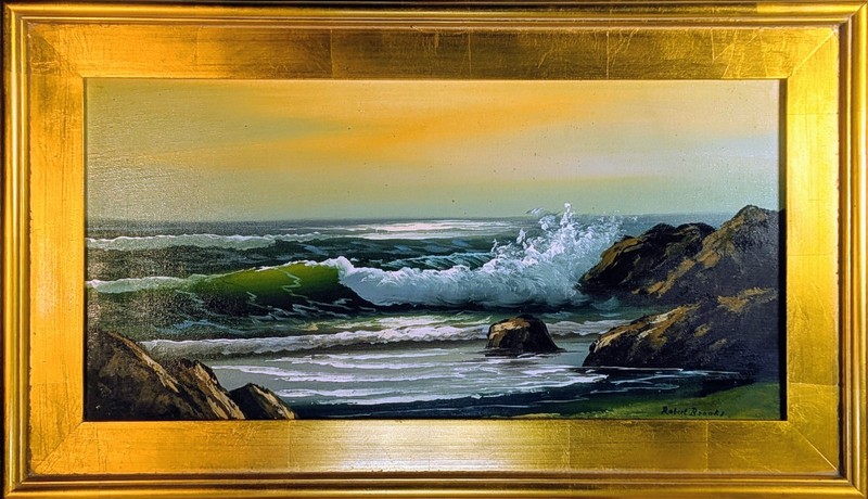 ROBERT BROOKS 1922-92 vintage Cape Cod oil canvas seascape wavebreak rocks mcm
