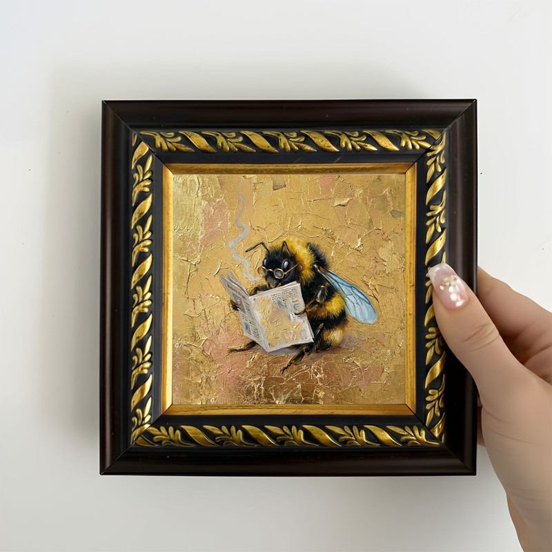 Bee Reading Book Painting on Brown Gold Mini Framed Hand Painted Animal Art 4×4