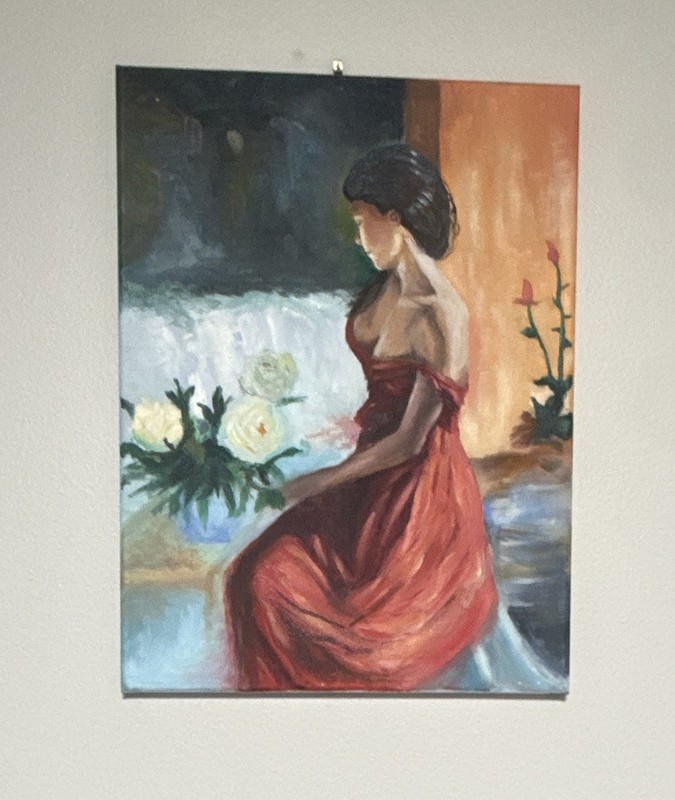 ORIGINAL — Figurative Woman in Red Dress Flowers Portrait Painting, Unframed