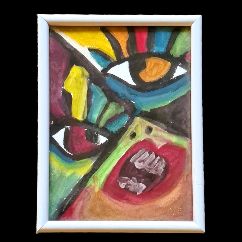 Watercolour Abstract Eyes Face Intense Back Glass Framed 18.5x14cm