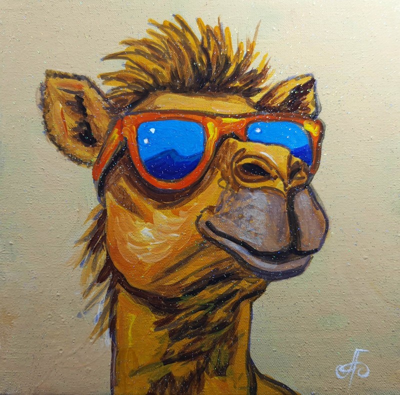 Original Acrylic Painting Funny Cool Camel Sunglasses Small Hand Painted Canvas