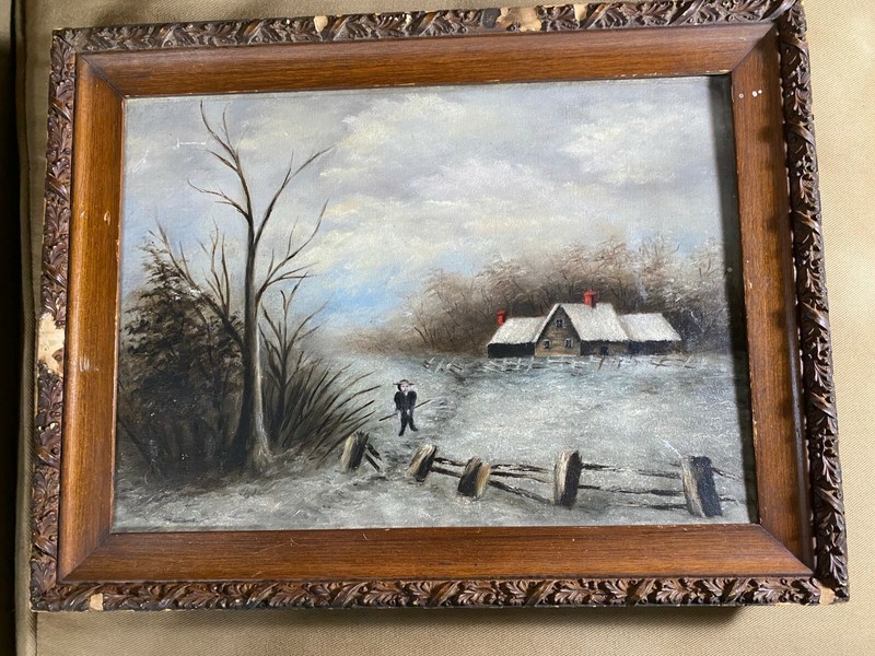Antique «Winter Landscape With Figure And Home Scene» Oil Painting – Framed