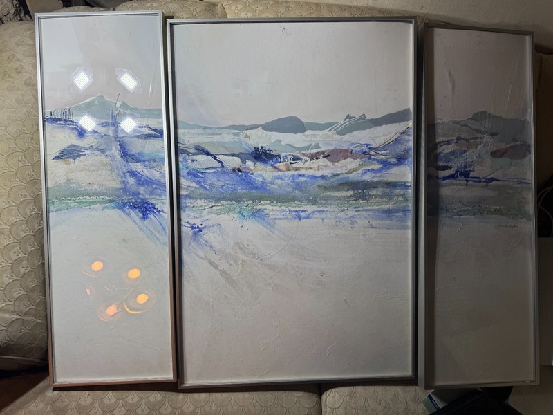 Delores Ann Ziegler (20th c) «Abstract Scene» Mixed Media Triptych Artwork