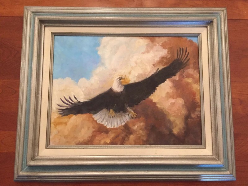 American Bald Eagle Oil Painting In Flight. Framed. Signed J. Martin.
