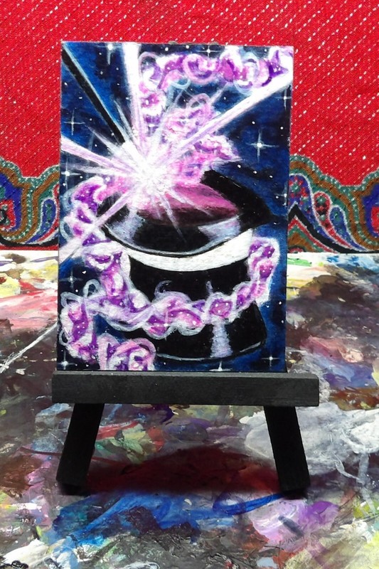ACEO ORIGINAL ACRYLIC ART CARD IT'S MAGIC MAGICIAN'S HAT & WAND gallery