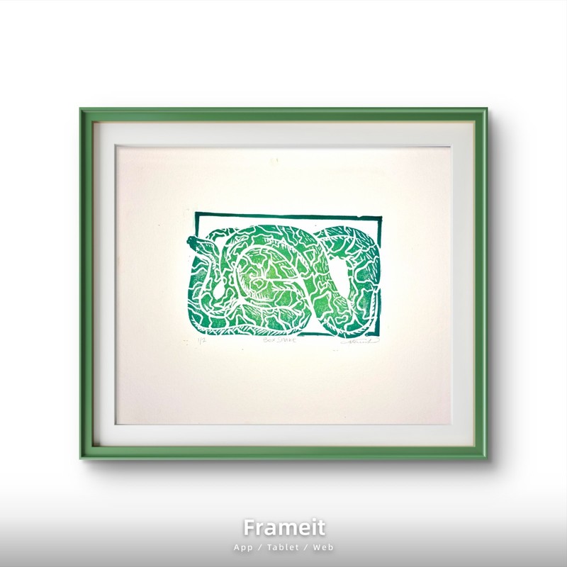 Green Box Snake 2 Linocut Print By Alannah Dyer- Acrylic 8×10 in Beautiful
