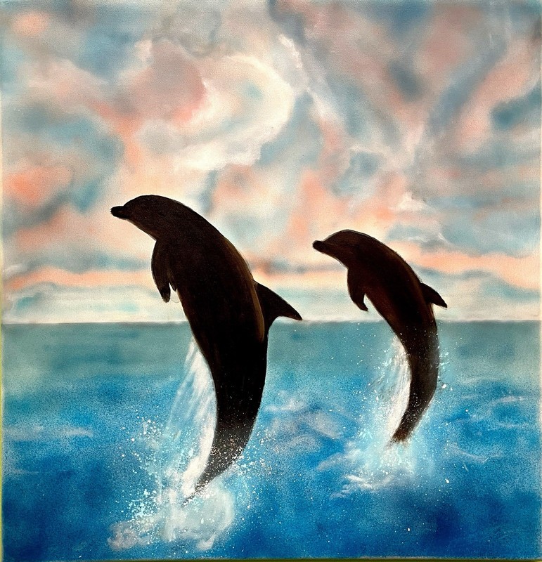 24×24 “Jumping Dolphins” Expressionism Handmade Original Colorful Fine Art