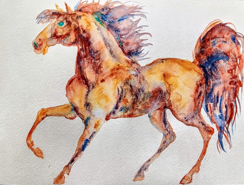Horse running art,original watercolor painting Signed,Equestrian equine 9×12″