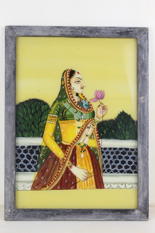 Indian Vintage Reverse Glass Hand Painted Queen Traditional Wall Art Decor gallery