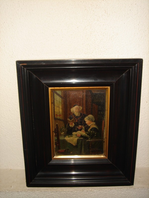 Antique oil painting, religious scene, { Pretty woman with priest, is signed }. gallery