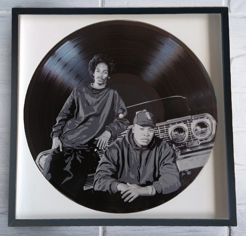 Dre and Snoop painted on Vinyl Record – Framed and ready to hang.