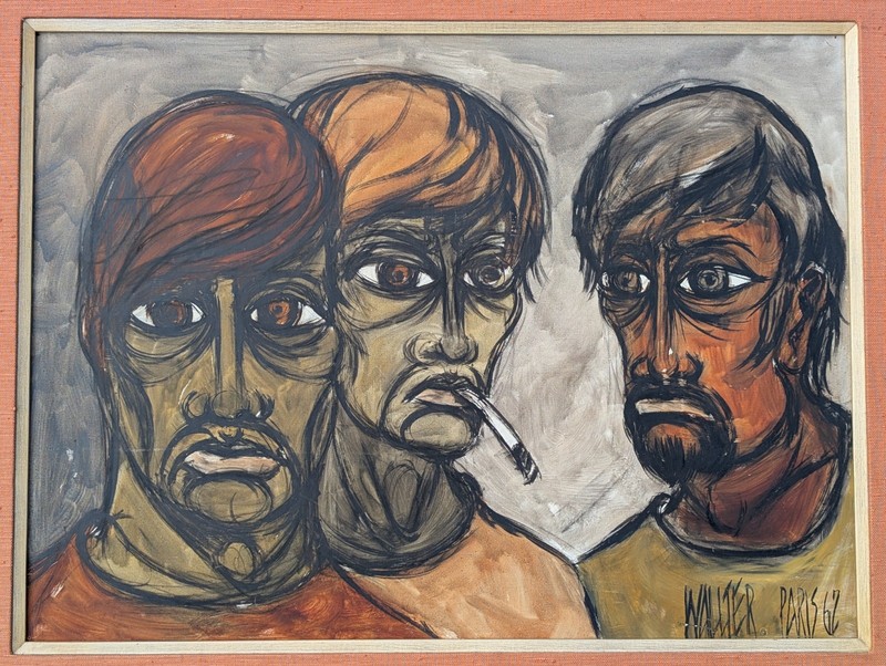 Vintage Mid Century Modern Abstract Portrait Painting Signed Walter Paris 1962 gallery