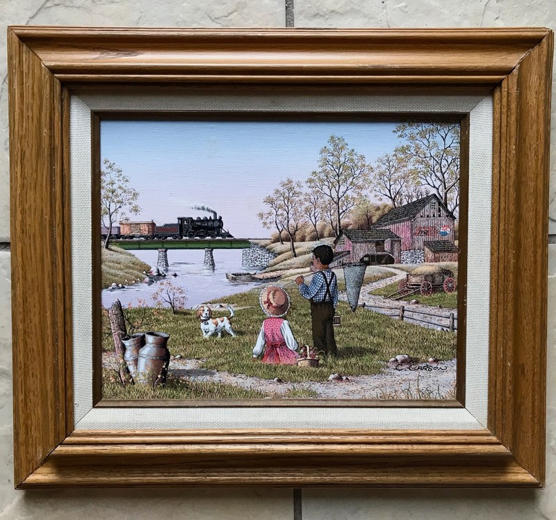 Vintage C. Carson Watching the Train Painting SERIGRAPH Pepsi Cola Art, 12×14