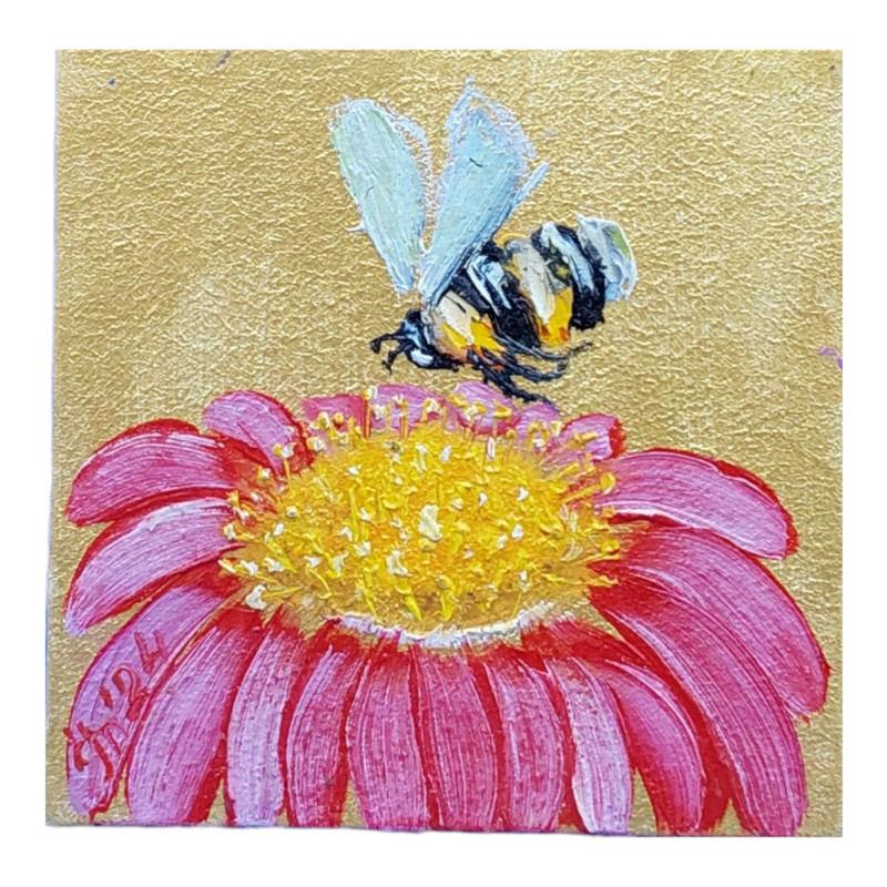 Wildflowers Daisy Honey Bee Original Oil Painting Handmade Small Wall Art 4×4