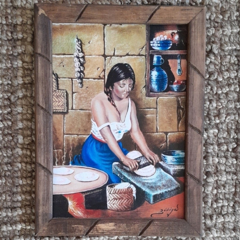 Zuniga Signed Framed Realism Painting Woman in Kitchen Scene Small 18×12 in
